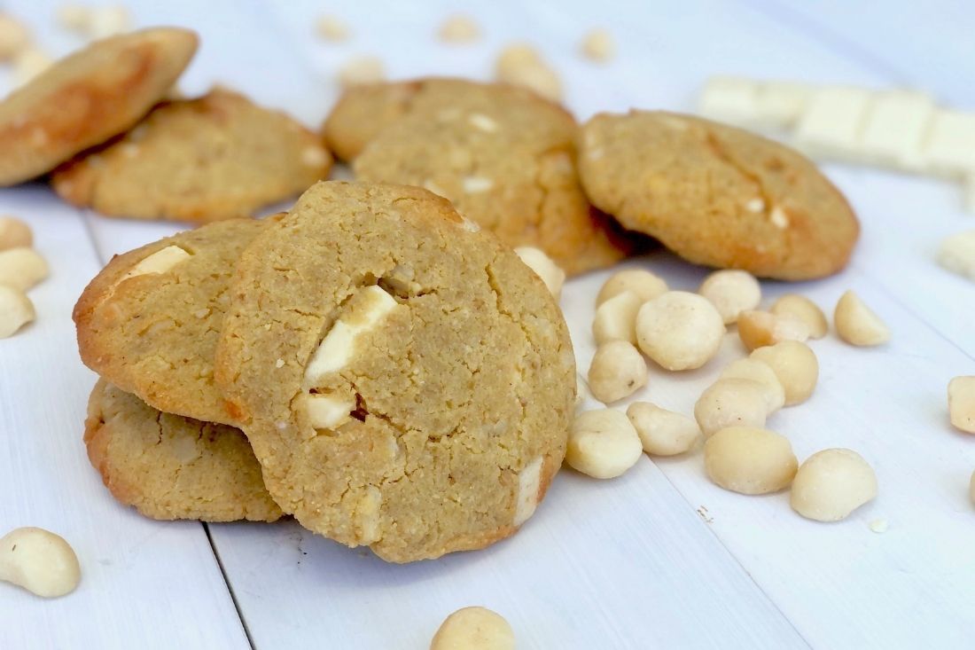 White Choc Macadamia Protein Cookies