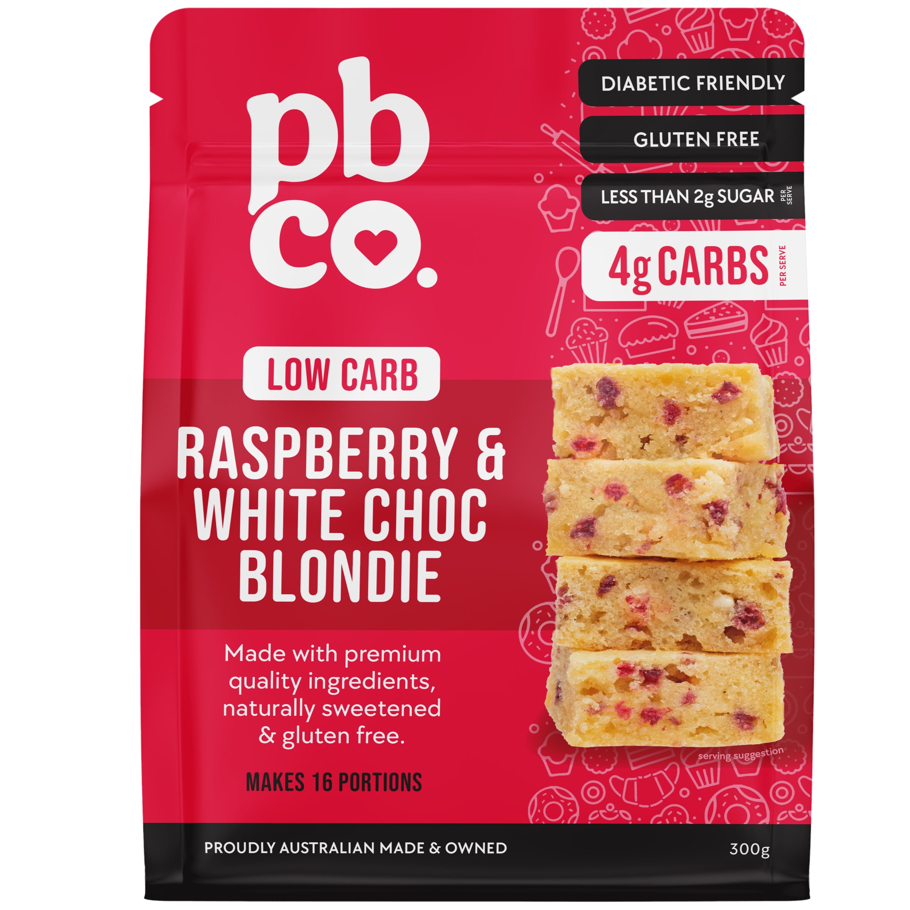 Red package of pb co. raspberry & white choc blondie on a white background