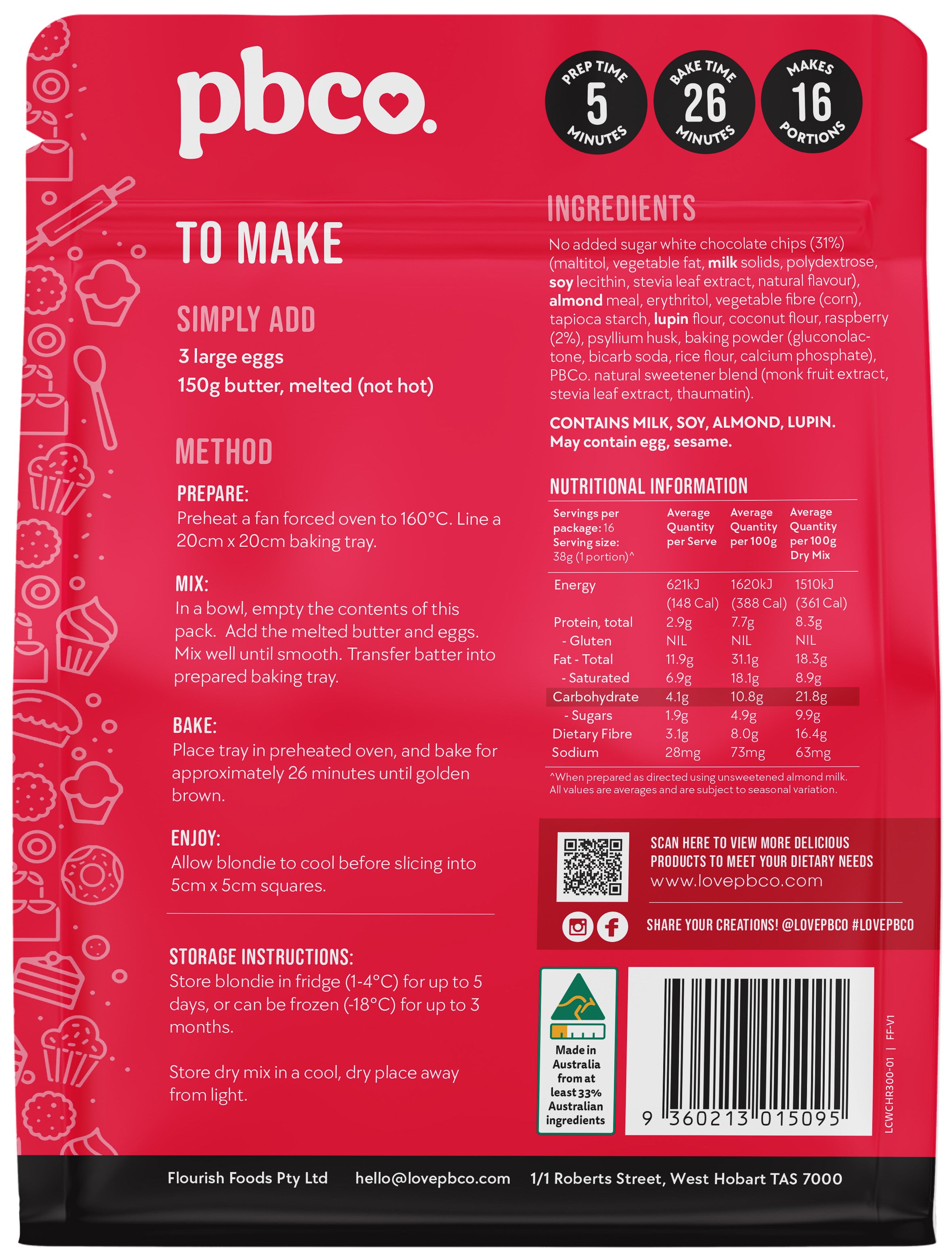 Low Carb White Choc & Raspberry Blondie Mix - 300g