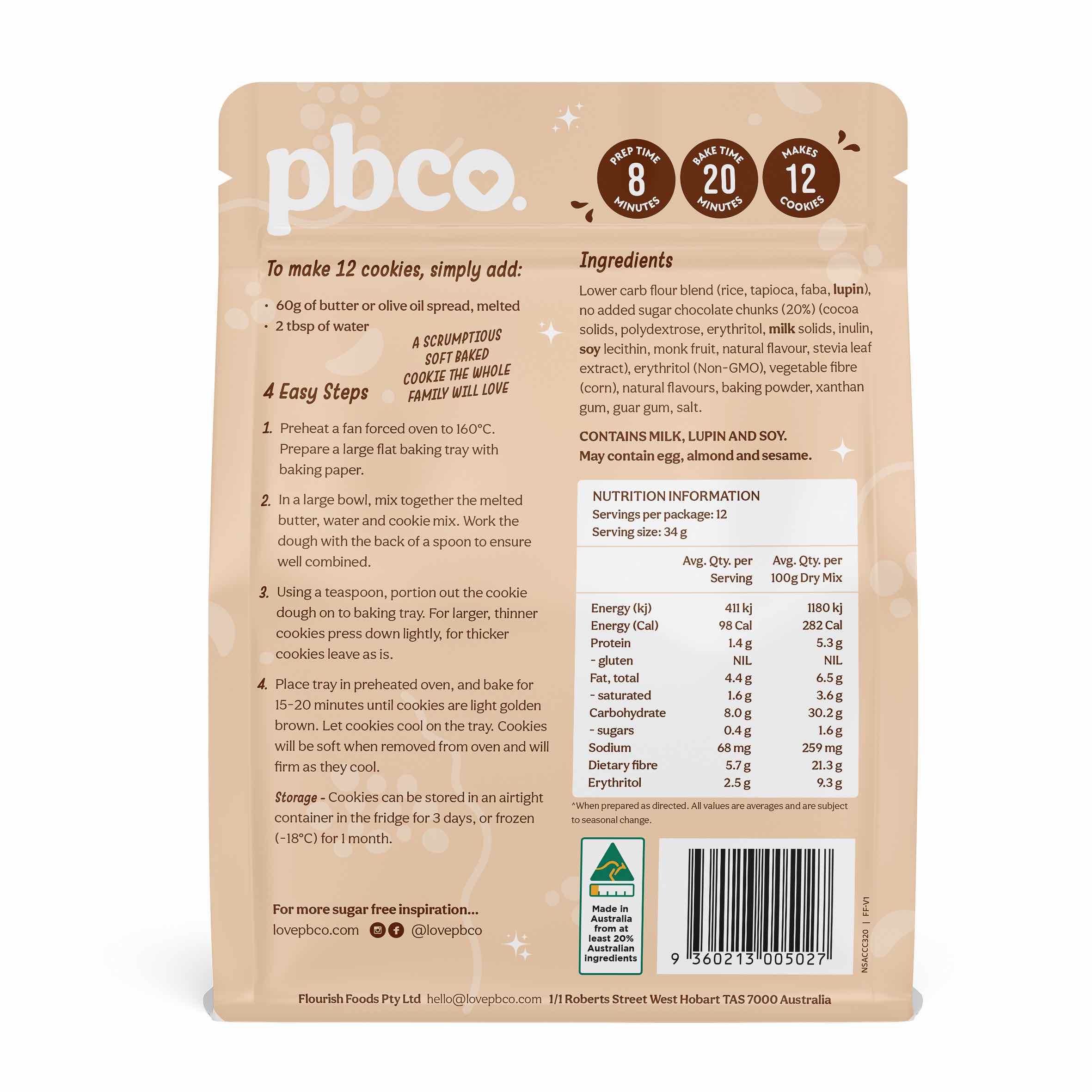 No Sugar Added Chunky Choc Chip Cookie - 320g - Low carb & sugar free Sensibly Sweet Baking Mixes - Just $10.95! Shop now at PBCo.