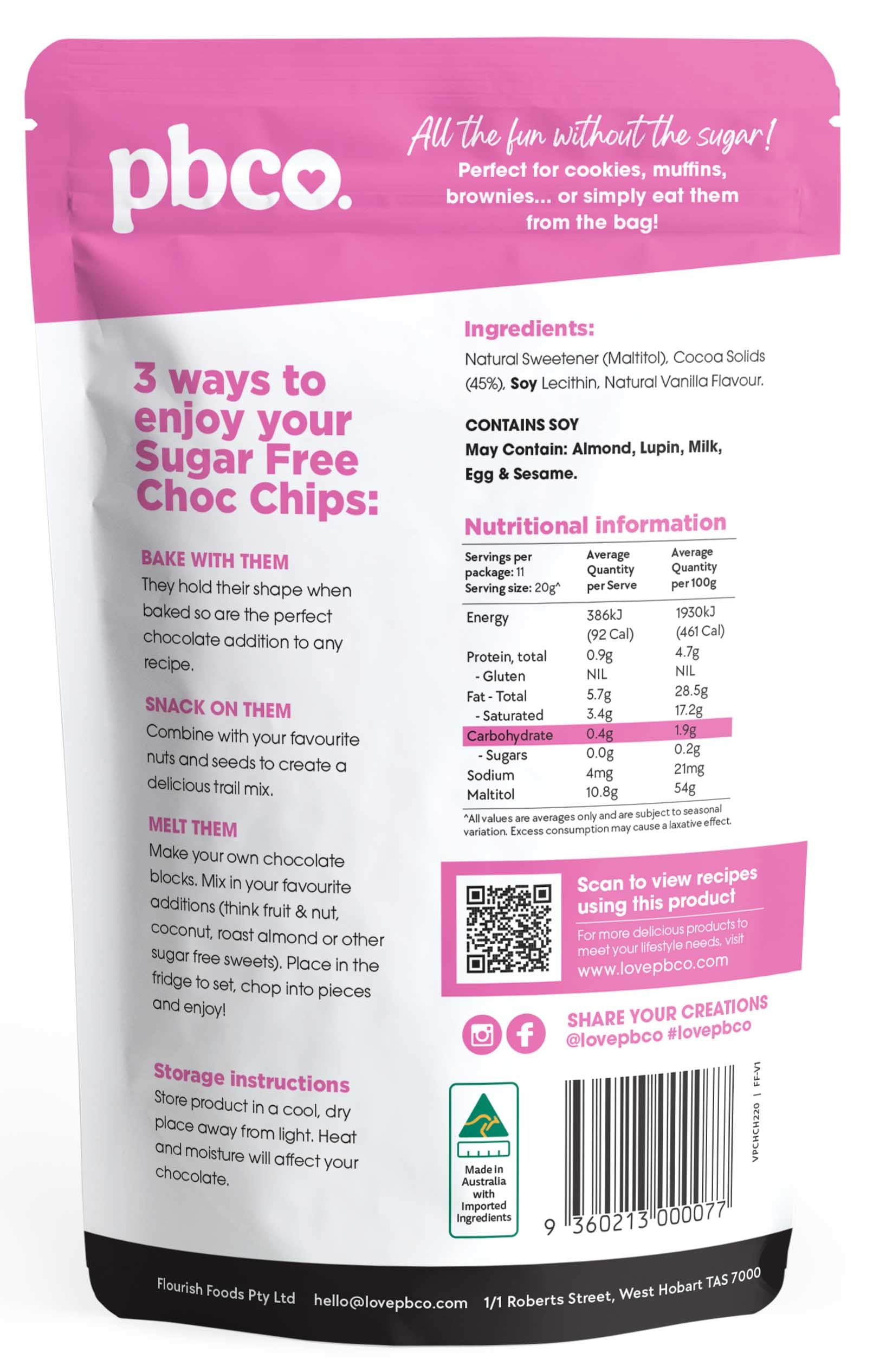 Sugar Free Choc Chips - 220g - Low carb & sugar free Pantry Staples - Just $8.95! Shop now at PBCo.