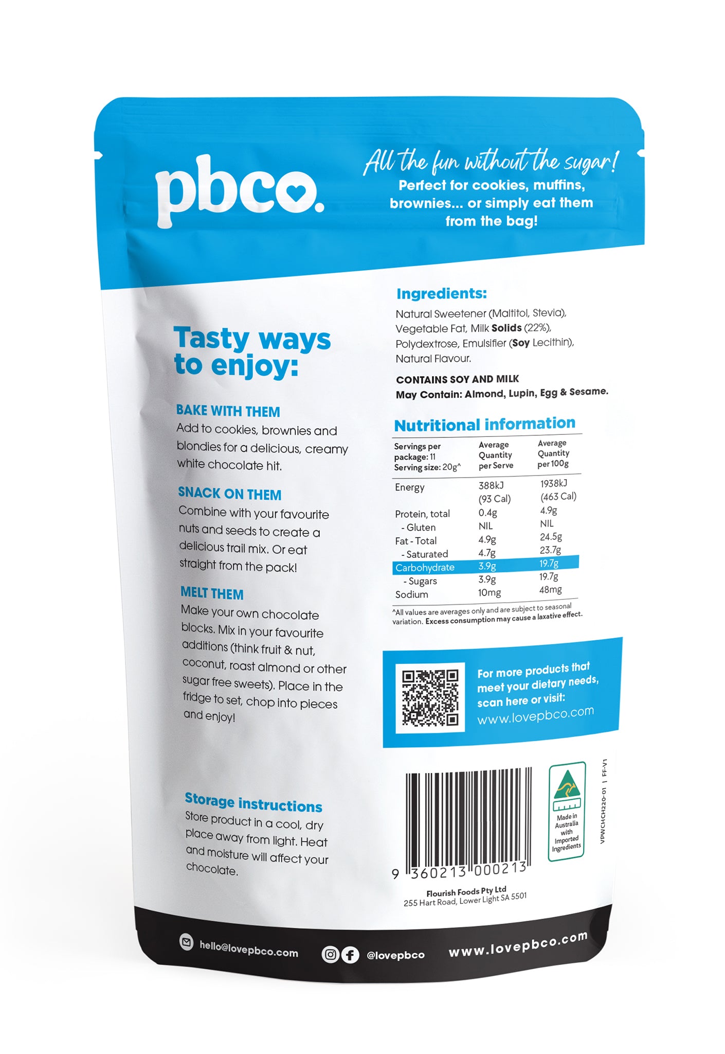 Sugar Free White Choc Chips - 220g