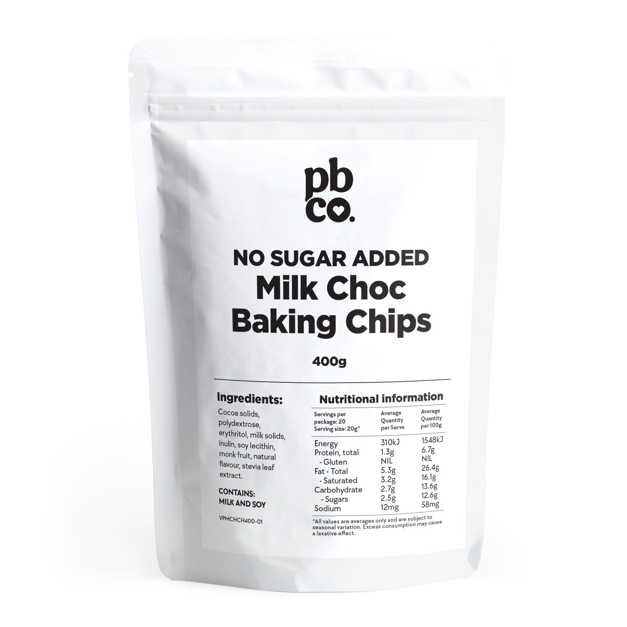 No Sugar Added Milk Chocolate Baking Chips - 400g - Low carb & sugar free Pantry Staples - Just $13.55! Shop now at PBCo.