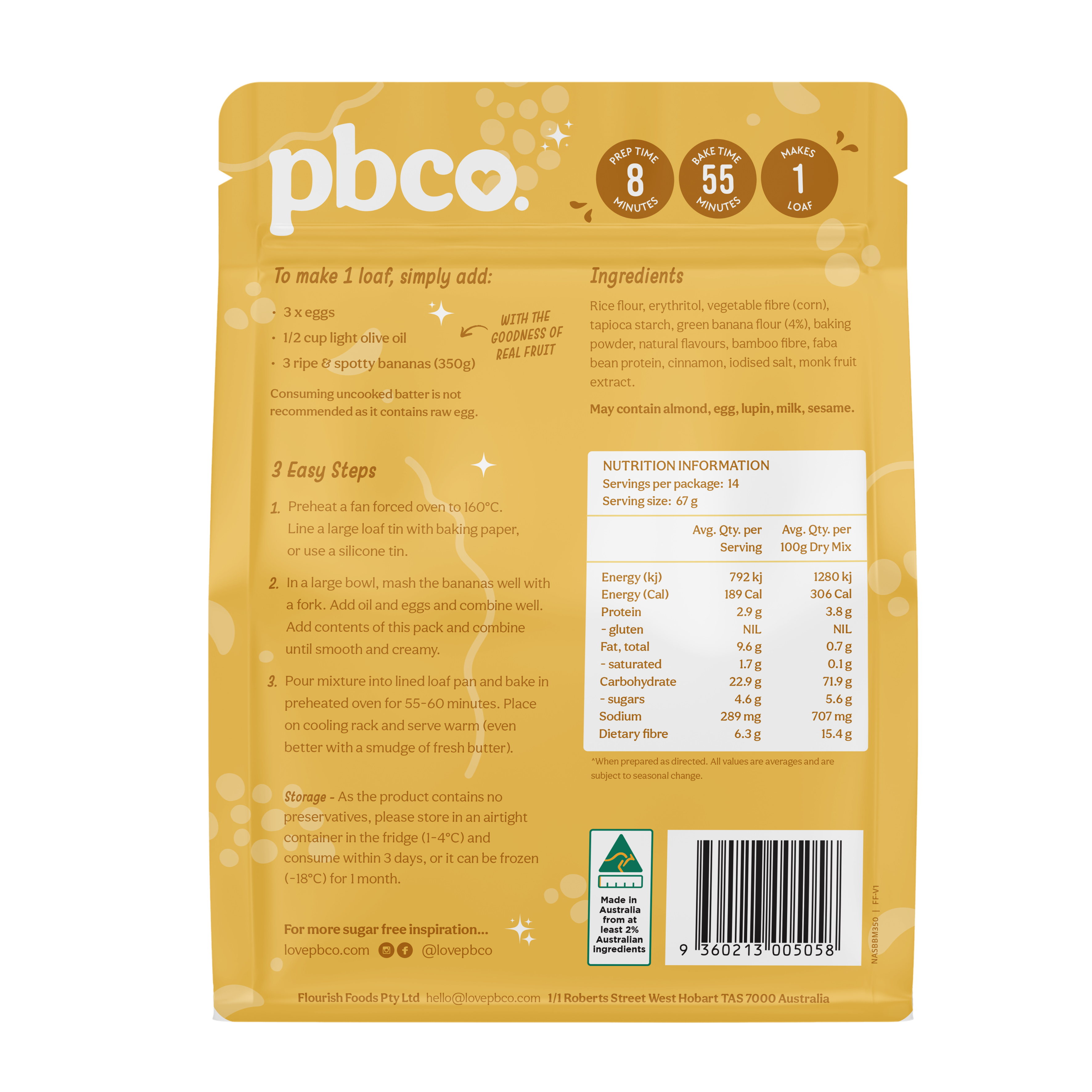 94% Sugar Free Banana Bread - 350g - Low carb & sugar free Sensibly Sweet Baking Mixes - Just $11.95! Shop now at PBCo.