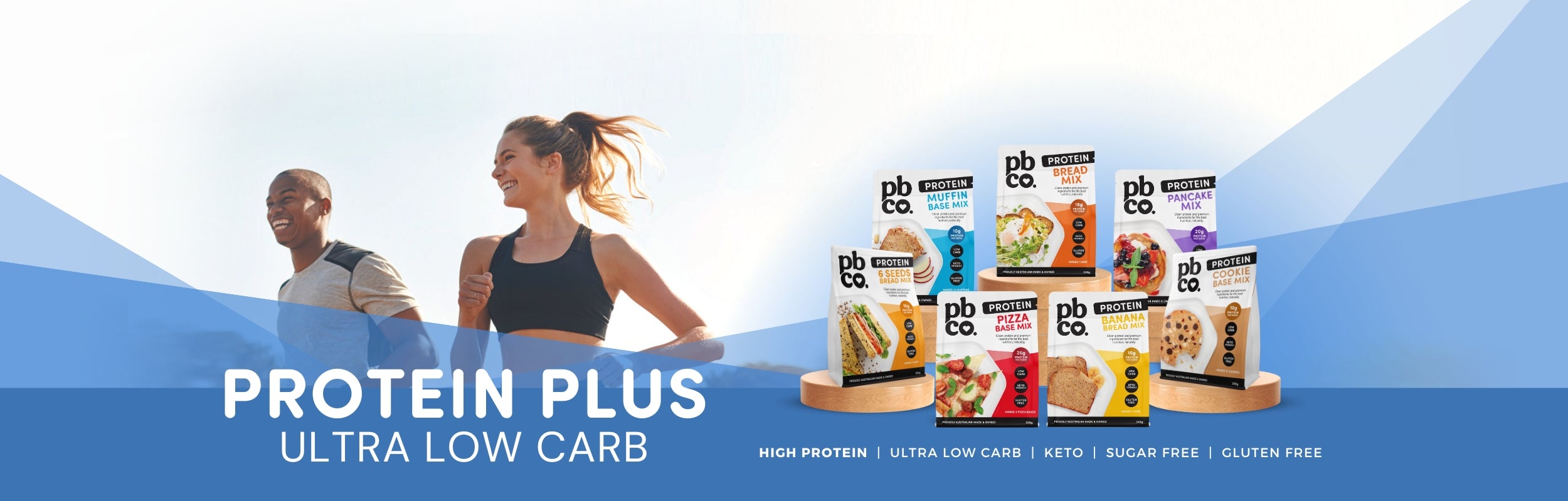 PBCo. Protein Plus Ultra Low Carb range of baking mixes fit couple running outdoors