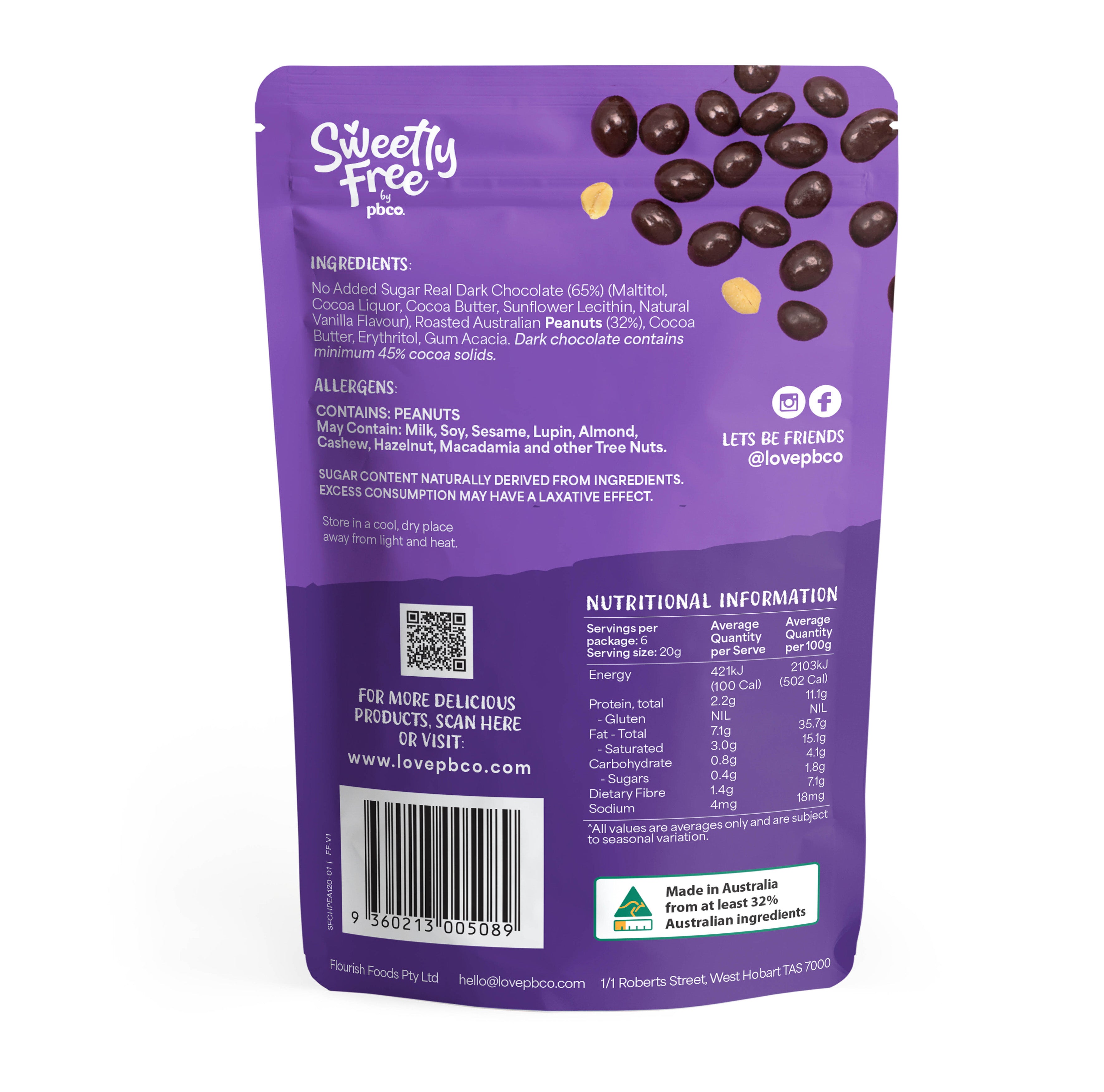 No Sugar Added Dark Chocolate Peanuts - 120g - Low carb & sugar free Sweetly Free - Just $14.95! Shop now at PBCo.