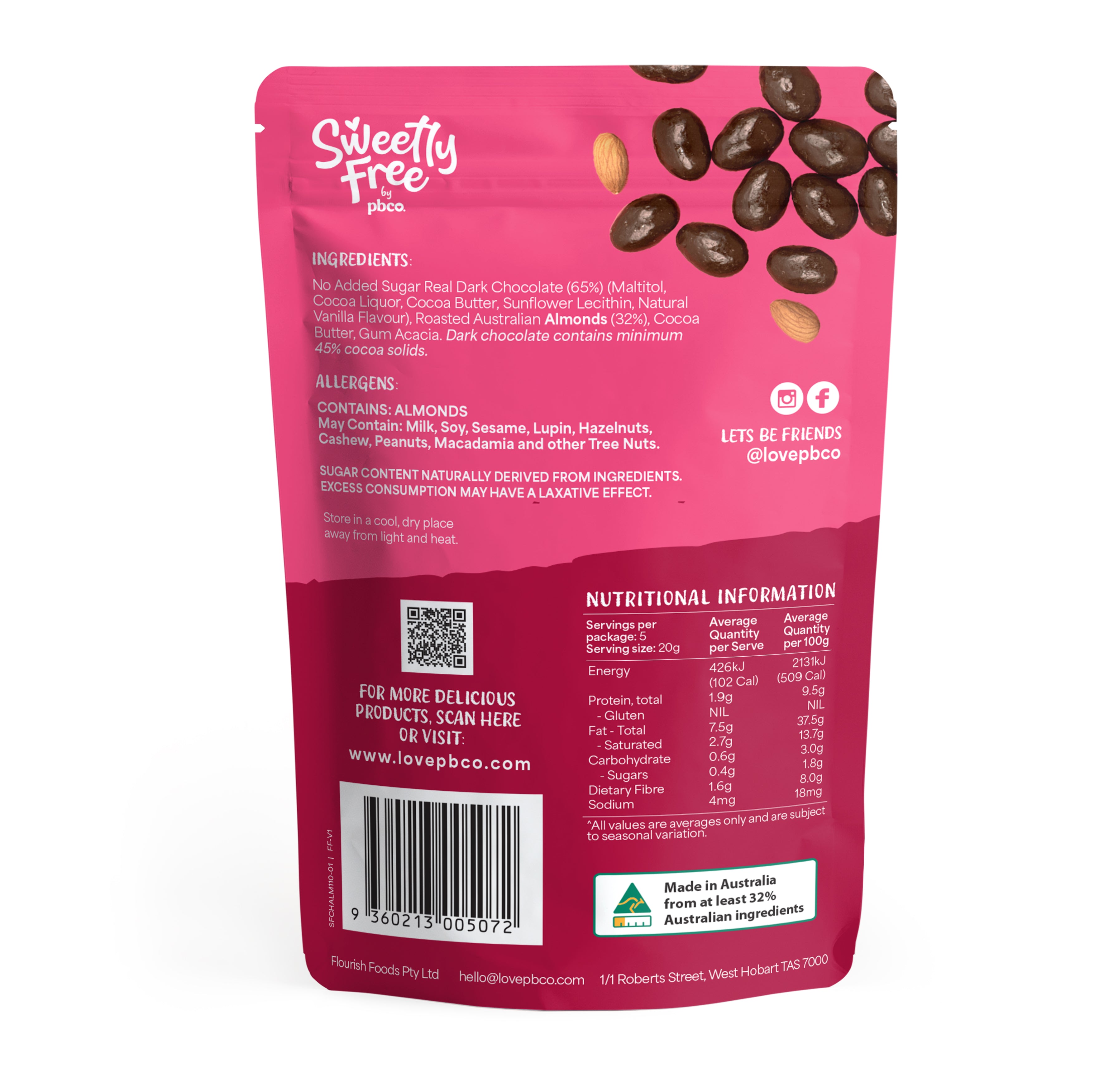 No Sugar Added Dark Chocolate Almonds - 110g - Low carb & sugar free Sweetly Free - Just $14.95! Shop now at PBCo.