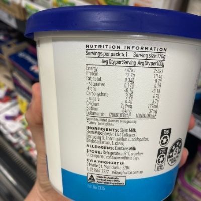 Evia Greek Skim Natural Yoghurt Nutritional Panel