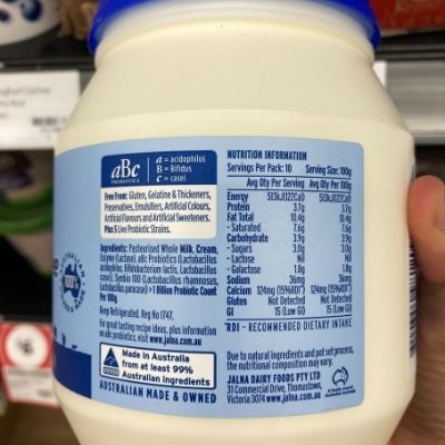 Jalna Lactose Free Greek Yoghurt Nutritional Panel