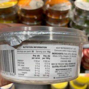 Mediterranean Delite Fetta & Olive Dip Nutritional Panel