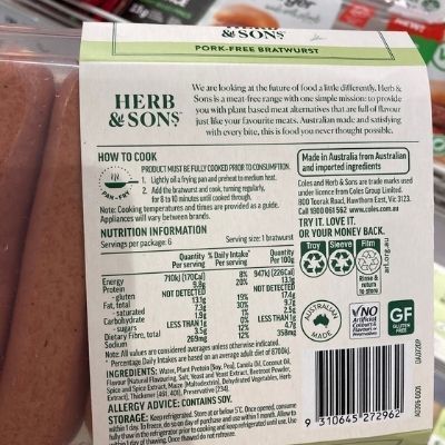 Herb & Sons - Pork Free Bratwurst Nutritional Panel