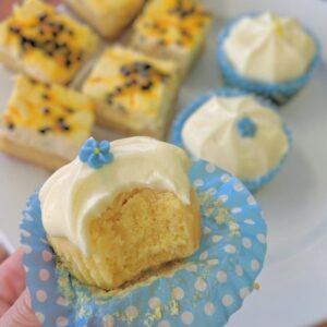 Low Carb Vanilla cupcake and passionfruit slice
