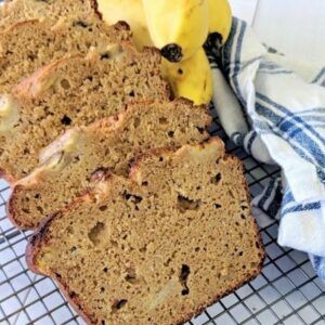 Low Carb Banana Bread sliced on rack