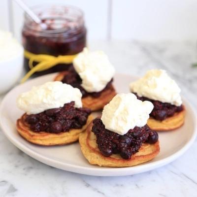 Chia berry jam on low carb pikelets with cream